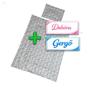 Saját névvel is kérhető, szürke alapon fehér cicás babaágynemű szett (takaró + párna)