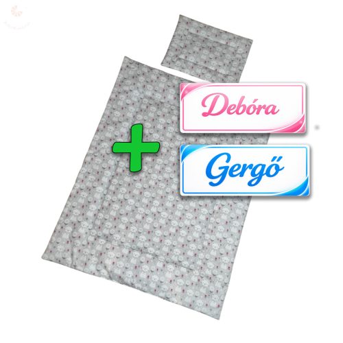 Saját névvel is kérhető, szürke alapon fehér cicás babaágynemű szett (takaró + párna)