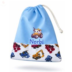   Kék, targoncás-darus kisfiú tornazsák egyedi névvel és jellel