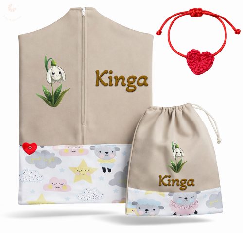 Báránykás, drapp ovis zsák szett egyedi névvel és jellel + ajándék szeretetküldővel