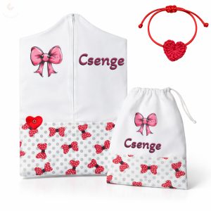 Piros-pöttyös masnis, fehér ovis zsák & tornazsák szett egyedi névvel és jellel + ajándék szeretetküldővel