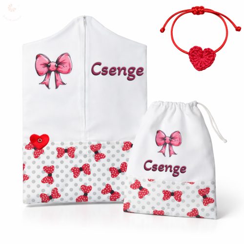 Piros-pöttyös masnis, fehér ovis zsák & tornazsák szett egyedi névvel és jellel + ajándék szeretetküldővel