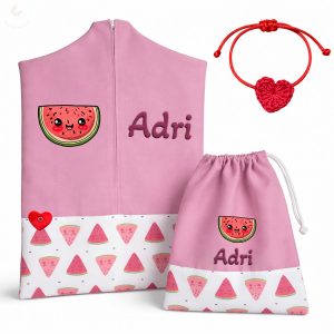 Dinnyés, rózsaszín ovis zsák & tornazsák szett egyedi névvel és jellel + ajándék szeretetküldővel