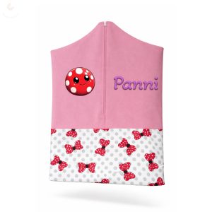Rózsaszín alapon piros-pöttyös masnis ovis zsák kislánynak egyedi névvel és jellel