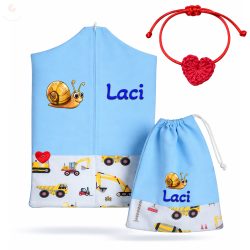   Sárga munkagépes ovis zsák szett egyedi névvel és jellel + ajándék szeretetküldővel (kék)