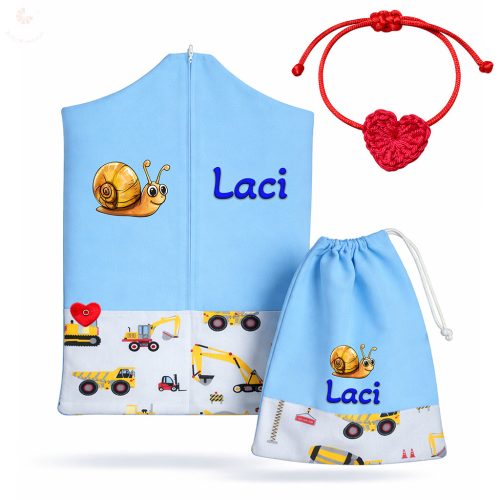 Sárga munkagépes ovis zsák szett egyedi névvel és jellel + ajándék szeretetküldővel (kék)