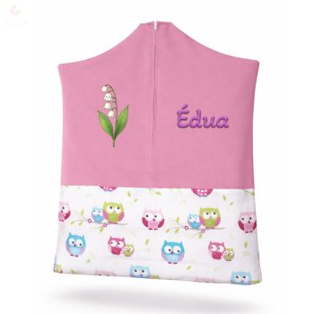   Rózsaszín, baglyos ovis zsák kislánynak egyedi névvel és jellel