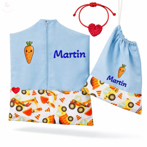 Narancssárga dömperes-betonkeverős ovis zsák szett egyedi névvel és jellel + ajándék szeretetküldővel