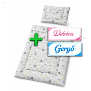 Saját névvel is kérhető, szürke-sárga csillagos babaágynemű szett (takaró + párna)