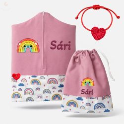   Szivárványos, rózsaszín ovis zsák & tornazsák szett egyedi névvel és jellel + ajándék szeretetküldővel