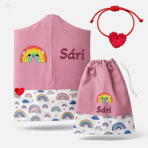 Szivárványos, rózsaszín ovis zsák & tornazsák szett egyedi névvel és jellel + ajándék szeretetküldővel