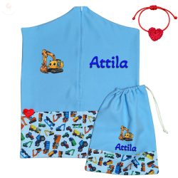   Kék, munkagépes ovis zsák szett egyedi névvel és jellel + ajándék szeretetküldővel