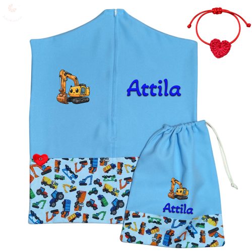 Kék, munkagépes ovis zsák szett egyedi névvel és jellel + ajándék szeretetküldővel