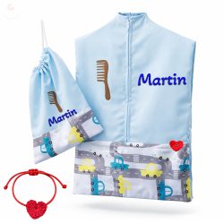   Kék-sárga autós ovis zsák szett egyedi névvel és jellel + ajándék szeretetküldővel